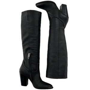 Dolce Vita Black Leather Studded Point Toe Block Heel Tall Boots Size 8.5